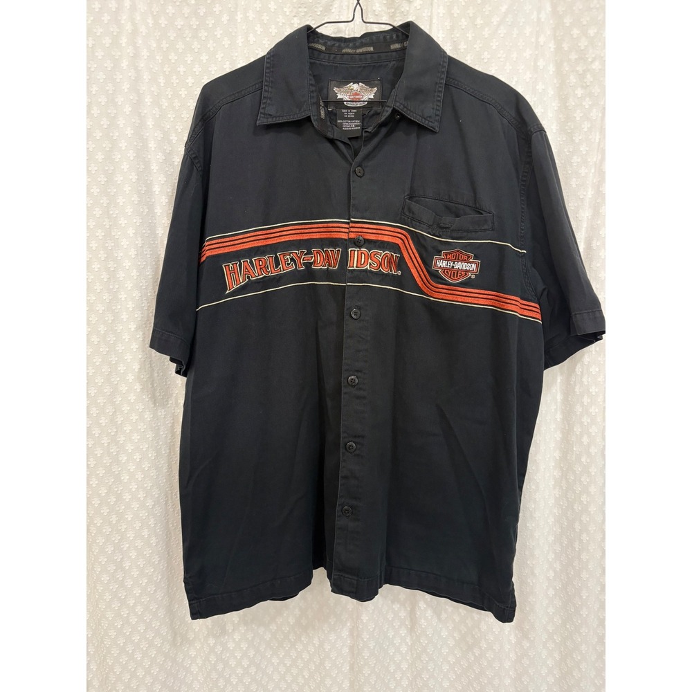 Harley-Davidson Mens Black Embroidered Short Sleeve Button Up Shirt Cotton XL